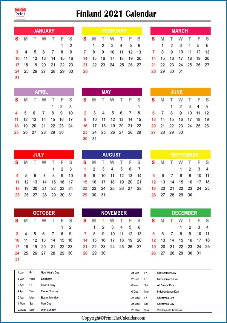 Finland Printable Calendar 2021